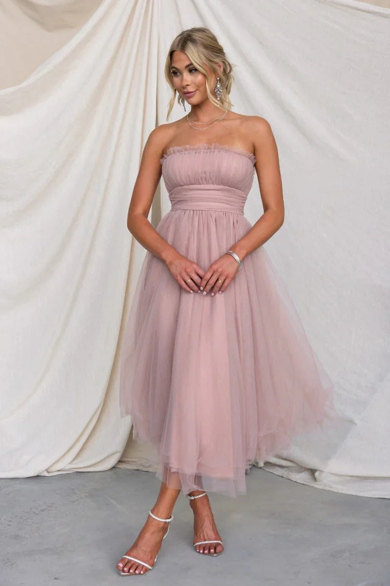 Women’s strapless maxi dress with tulle overlay and padded bust