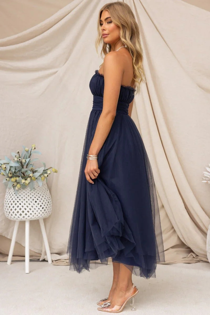 Women’s strapless maxi dress with tulle overlay and padded bust