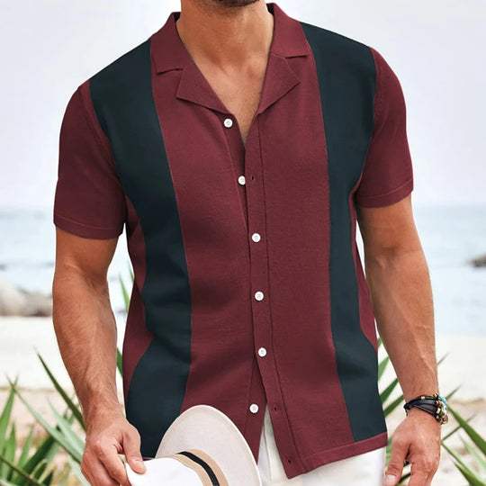 Menโs slim fit polo shirt with vertical contrast panels, button placket, and structured collar for casual summer wear