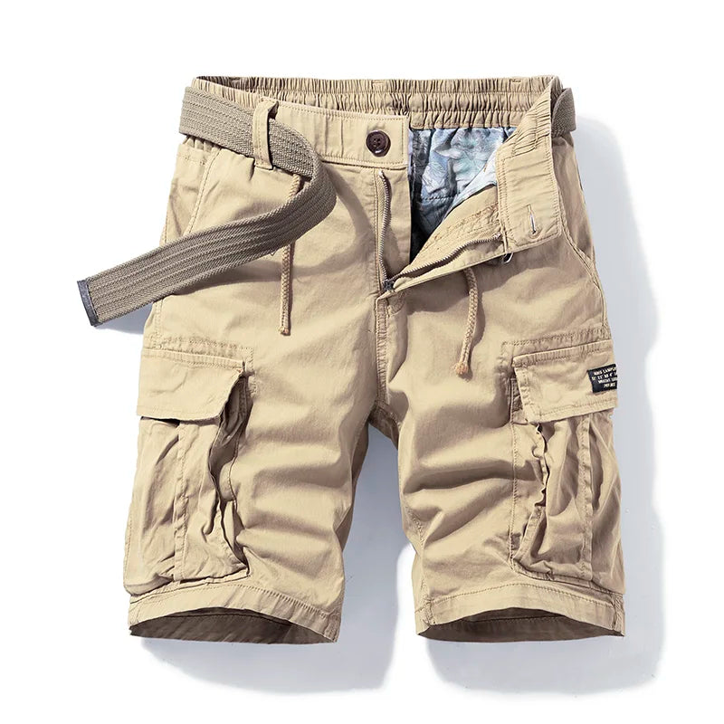 Menโs cargo shorts with belt drawstring waistband and large side pockets for casual and utility summer wear