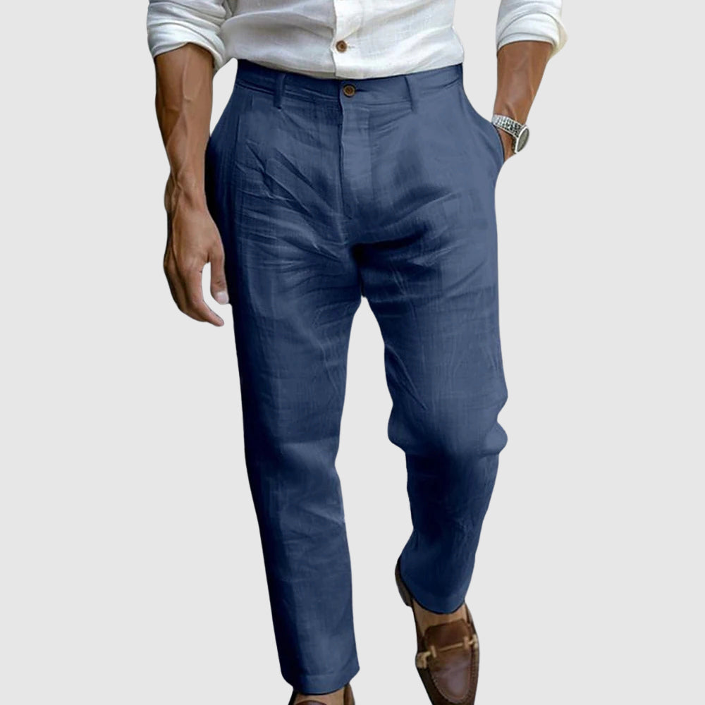 Men’s cotton linen straight leg ankle length pants with button fly