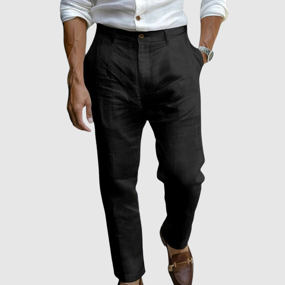Men’s cotton linen straight leg ankle length pants with button fly