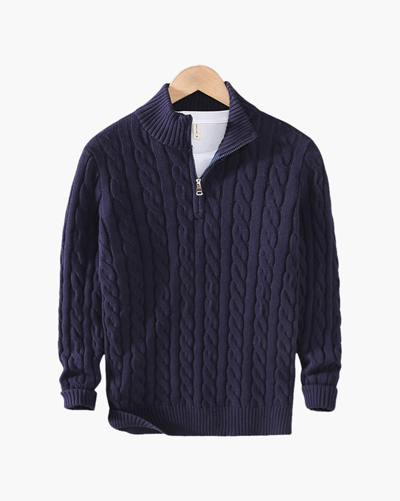 Men’s cotton zip up sweater with high neck and ribbed trims