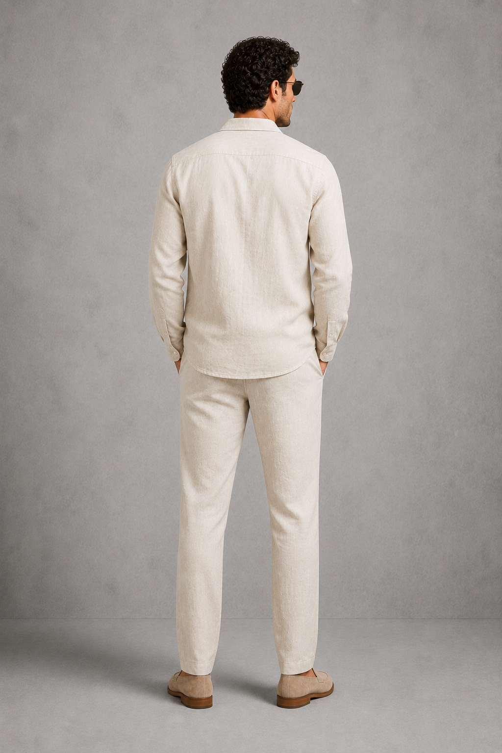 Menโs Cuban collar button-up shirt and drawstring trouser co-ord set in lightweight linen-look fabric