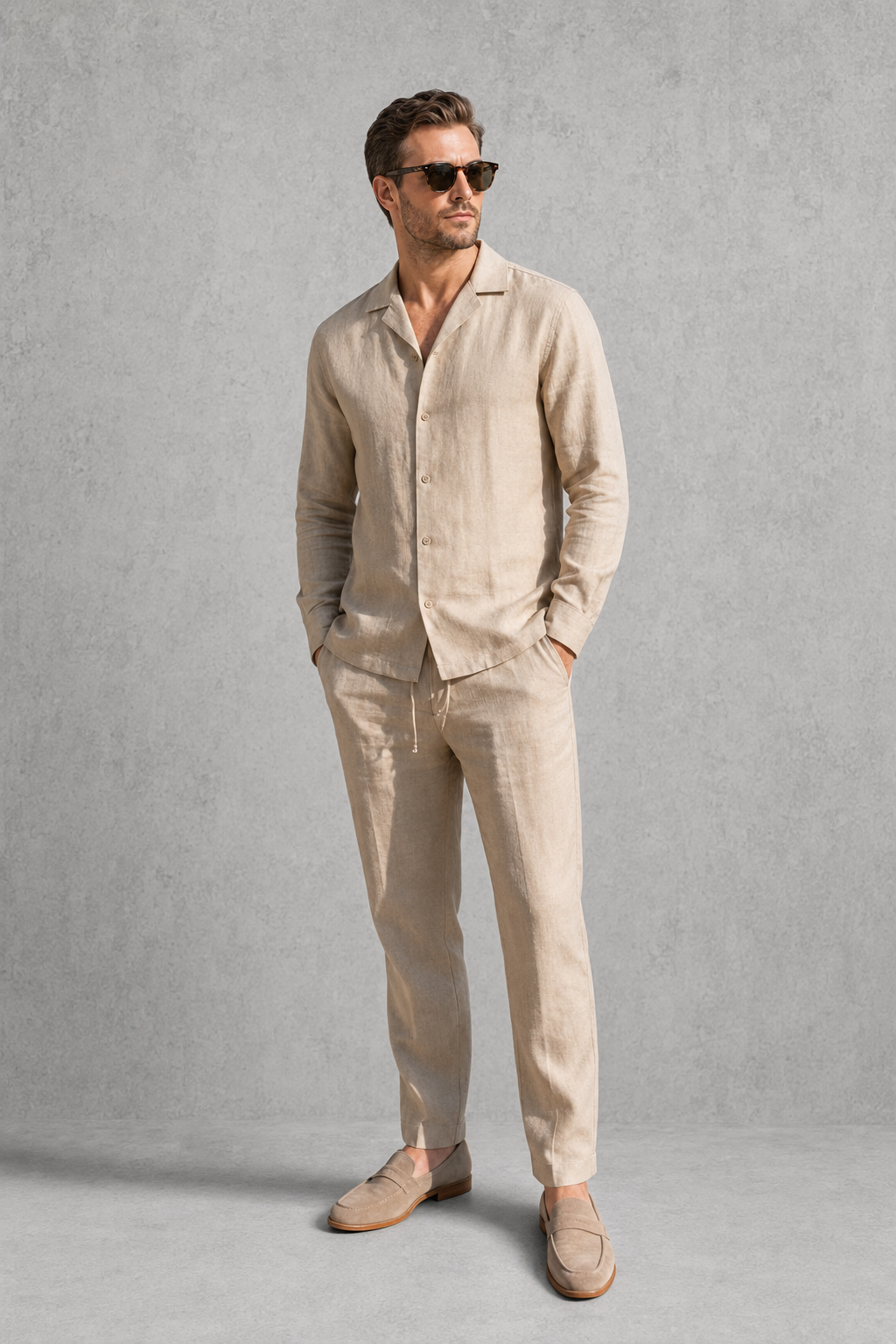 Menโs Cuban collar button-up shirt and drawstring trouser co-ord set in lightweight linen-look fabric