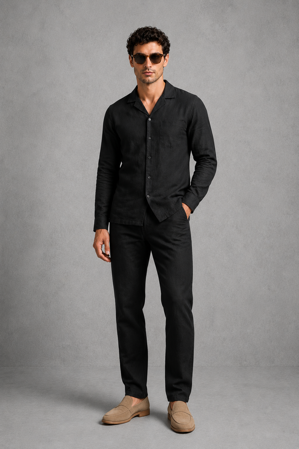 Menโs Cuban collar button-up shirt and drawstring trouser co-ord set in lightweight linen-look fabric