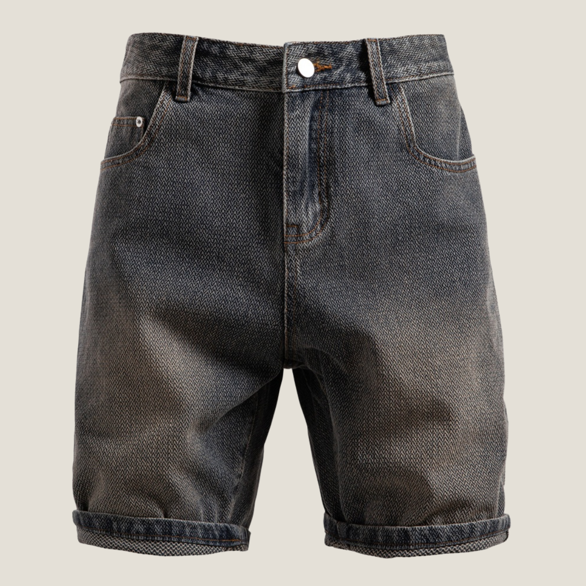 Menโs relaxed fit denim shorts with five pocket design washed finish and rolled cuff for casual summer wear