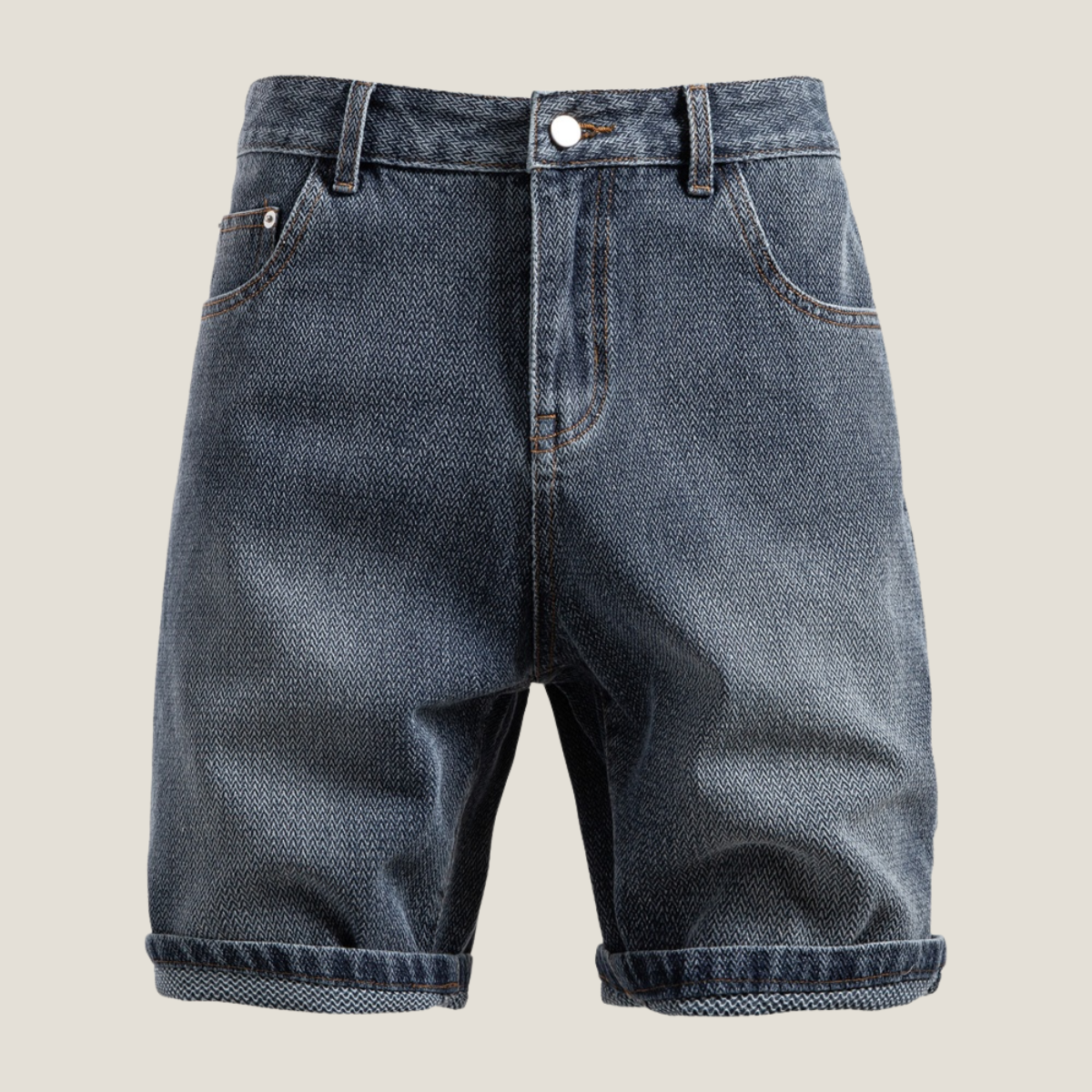 Menโs relaxed fit denim shorts with five pocket design washed finish and rolled cuff for casual summer wear