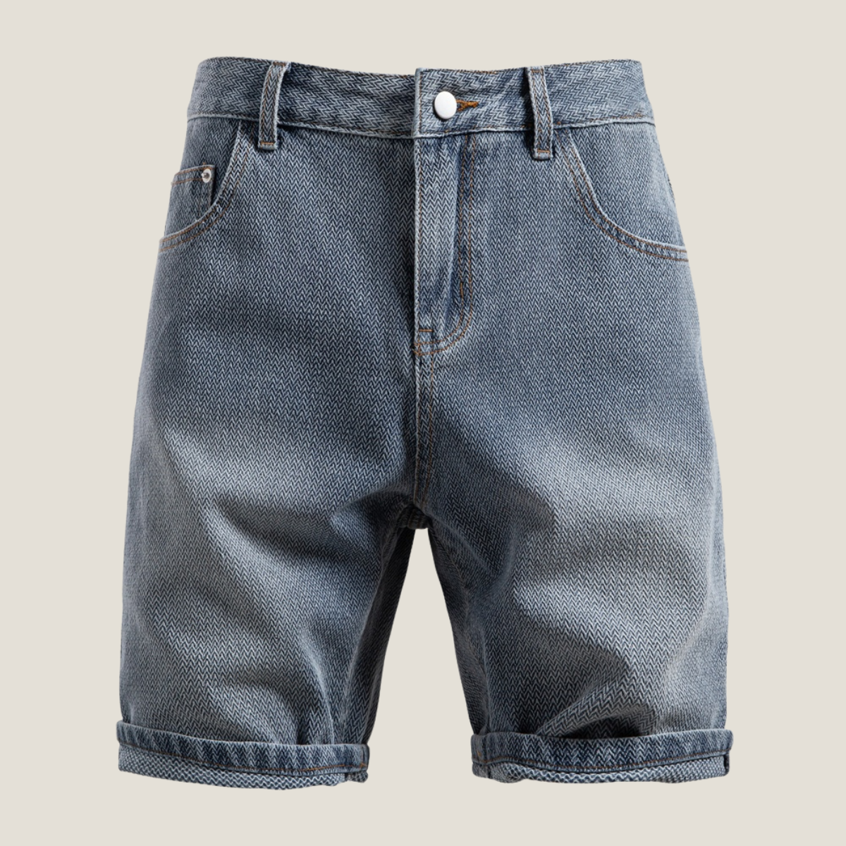 Menโs relaxed fit denim shorts with five pocket design washed finish and rolled cuff for casual summer wear