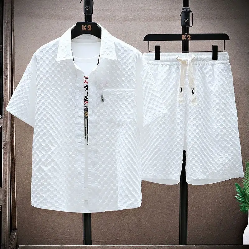 Menโs two piece jacquard texture shirt and shorts set with short sleeve button shirt and elastic drawstring shorts