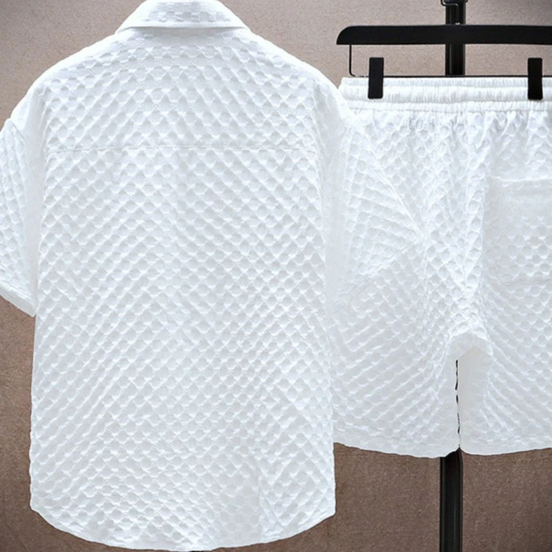 Menโs two piece jacquard texture shirt and shorts set with short sleeve button shirt and elastic drawstring shorts