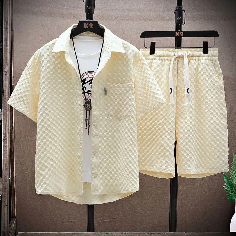 Menโs two piece jacquard texture shirt and shorts set with short sleeve button shirt and elastic drawstring shorts