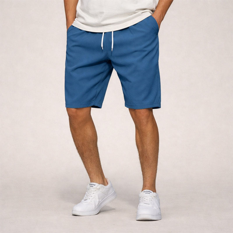 Menโs straight fit elastic waist shorts with drawstring and side pockets for casual summer wear