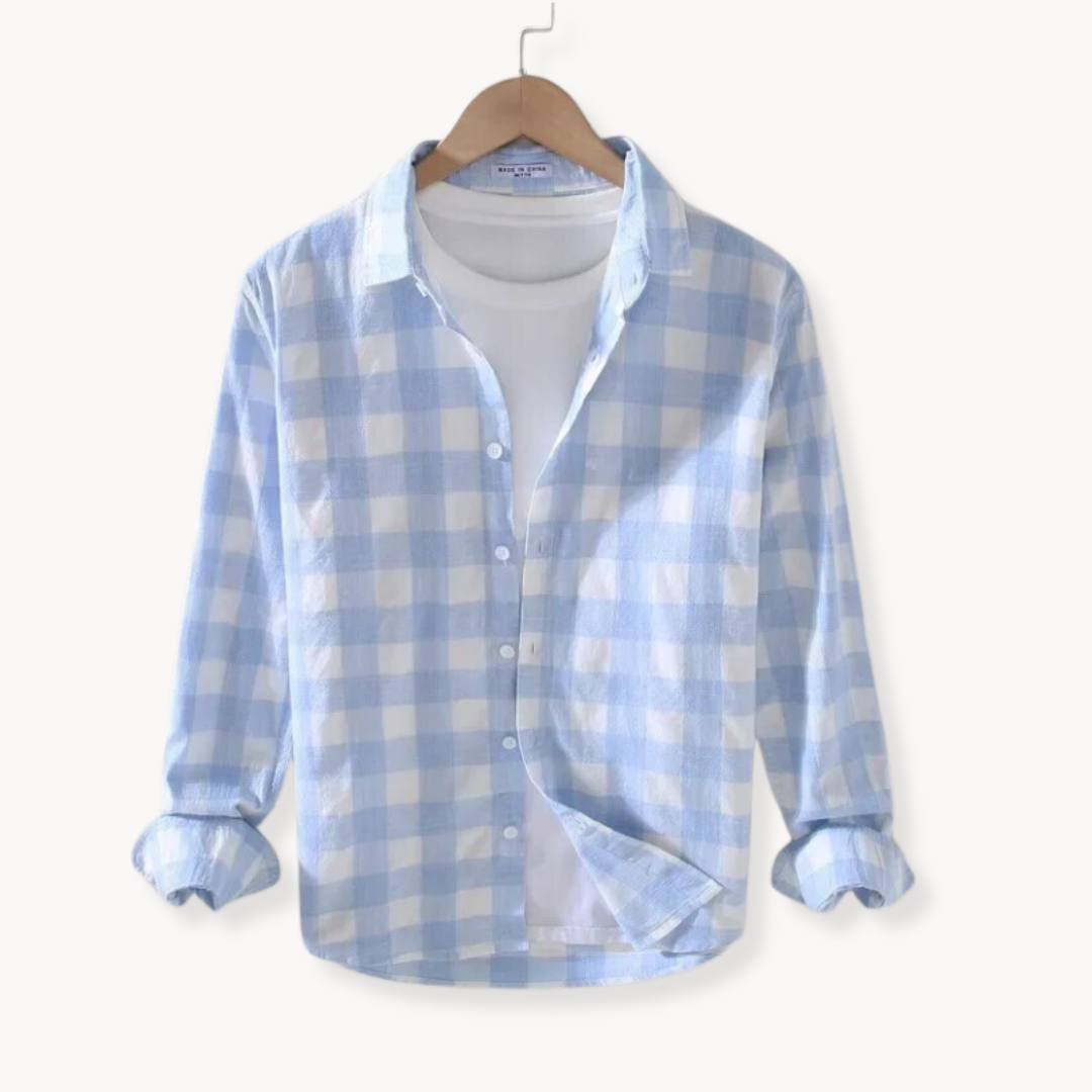 Men’s long sleeve gingham check button-up shirt with chest pocket and point collar for casual wear