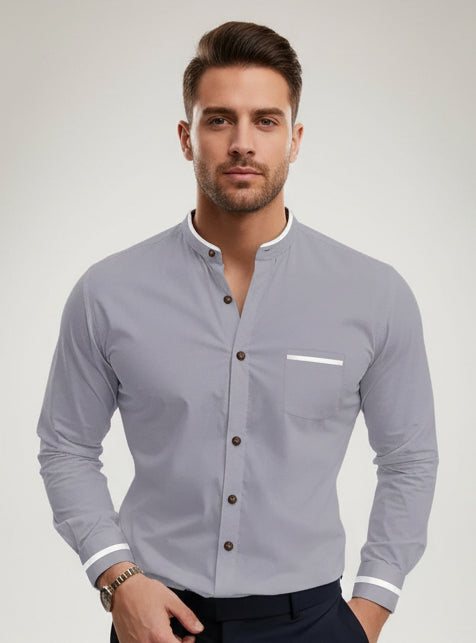 Menโs grandad collar shirt with contrast trim slim fit button front for smart casual and business wear