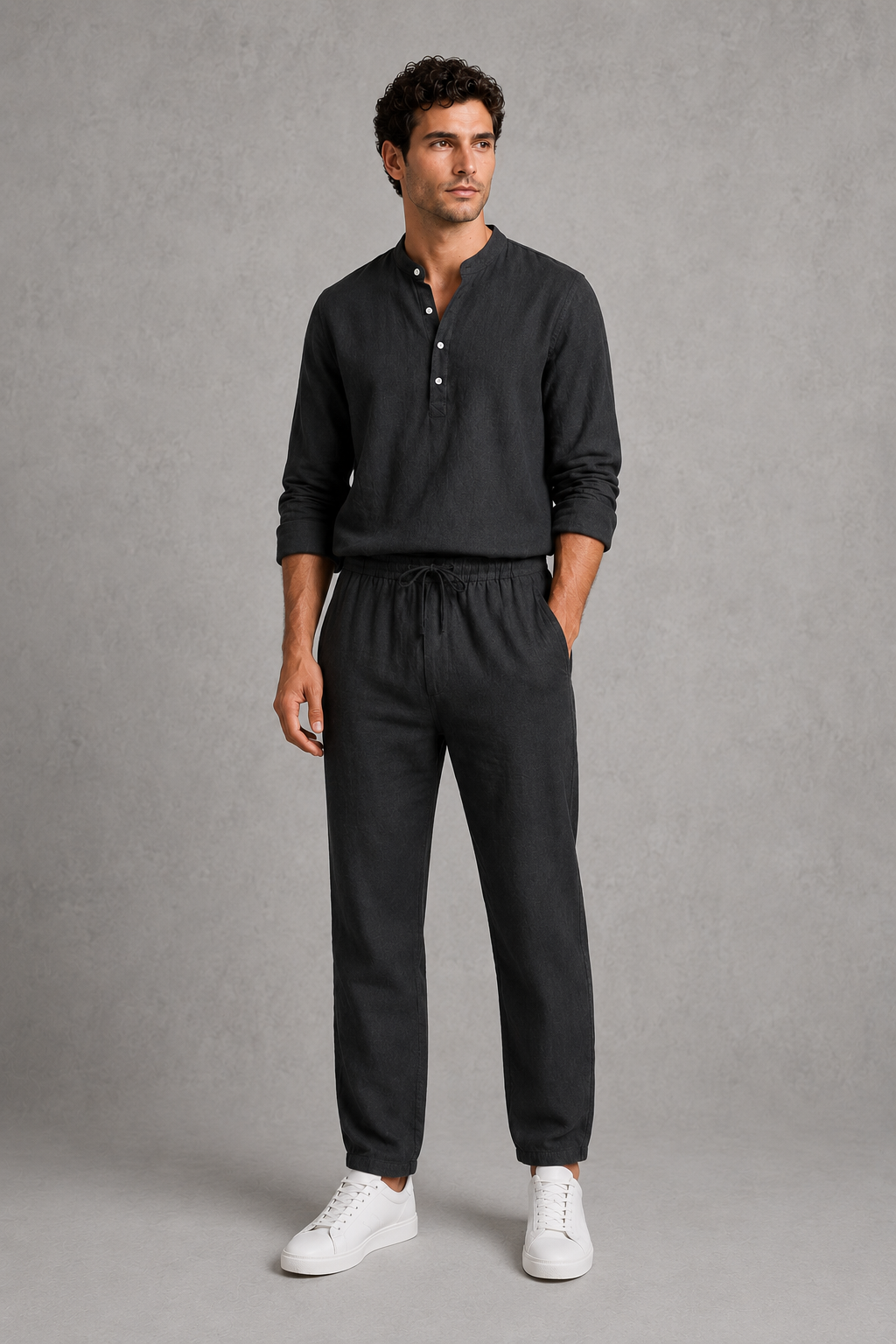 Menโs grandad collar long sleeve shirt and drawstring trouser co-ord set for casual summer wear