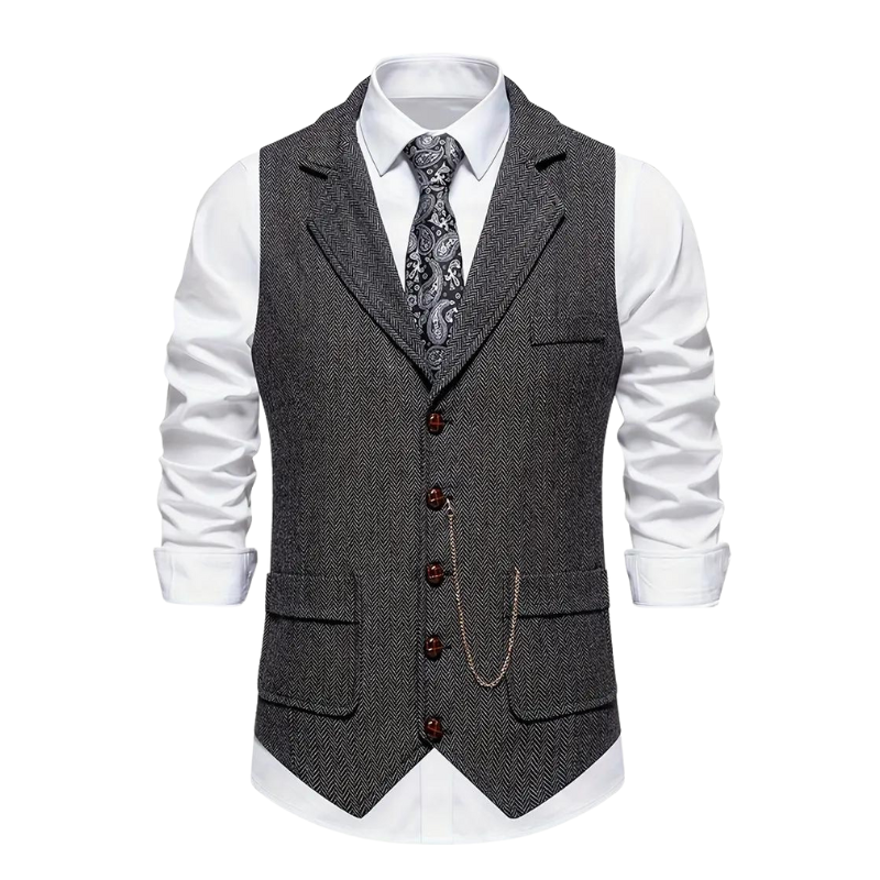Men’s Herringbone Waistcoat with Lapel and Chain Detail