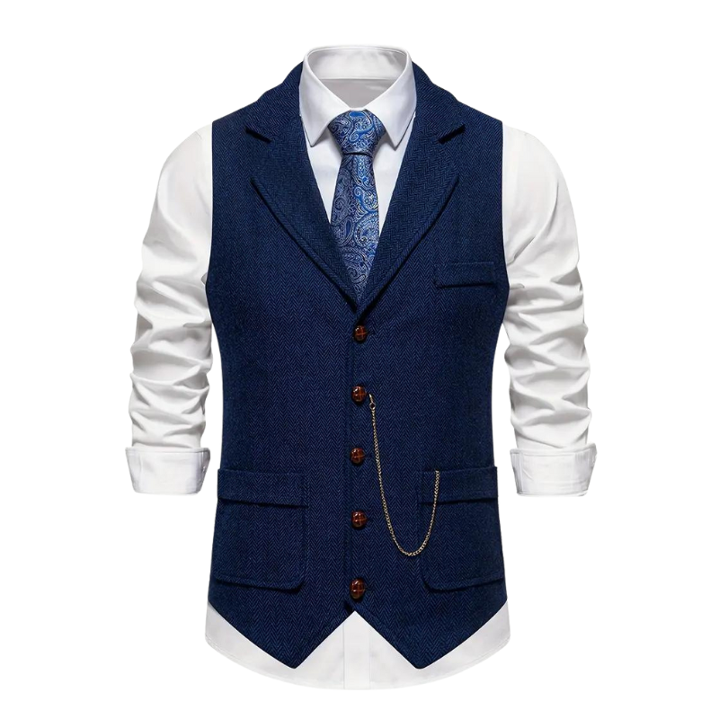 Men’s Herringbone Waistcoat with Lapel and Chain Detail