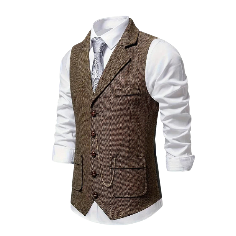 Men’s Herringbone Waistcoat with Lapel and Chain Detail