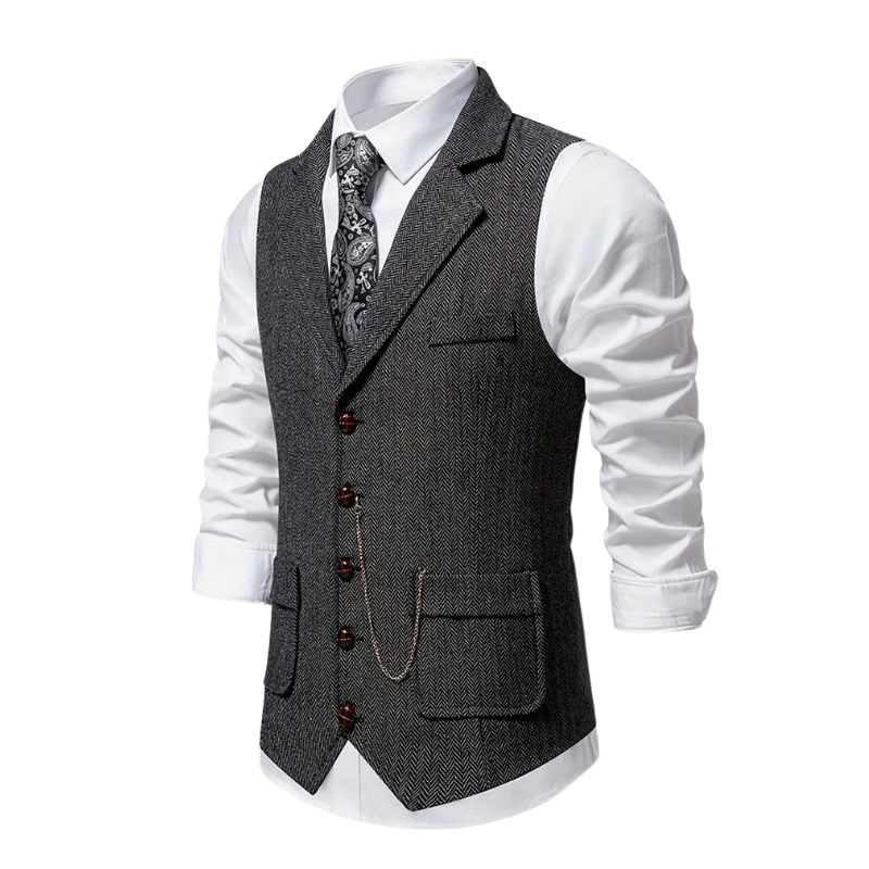 Men’s Herringbone Waistcoat with Lapel and Chain Detail