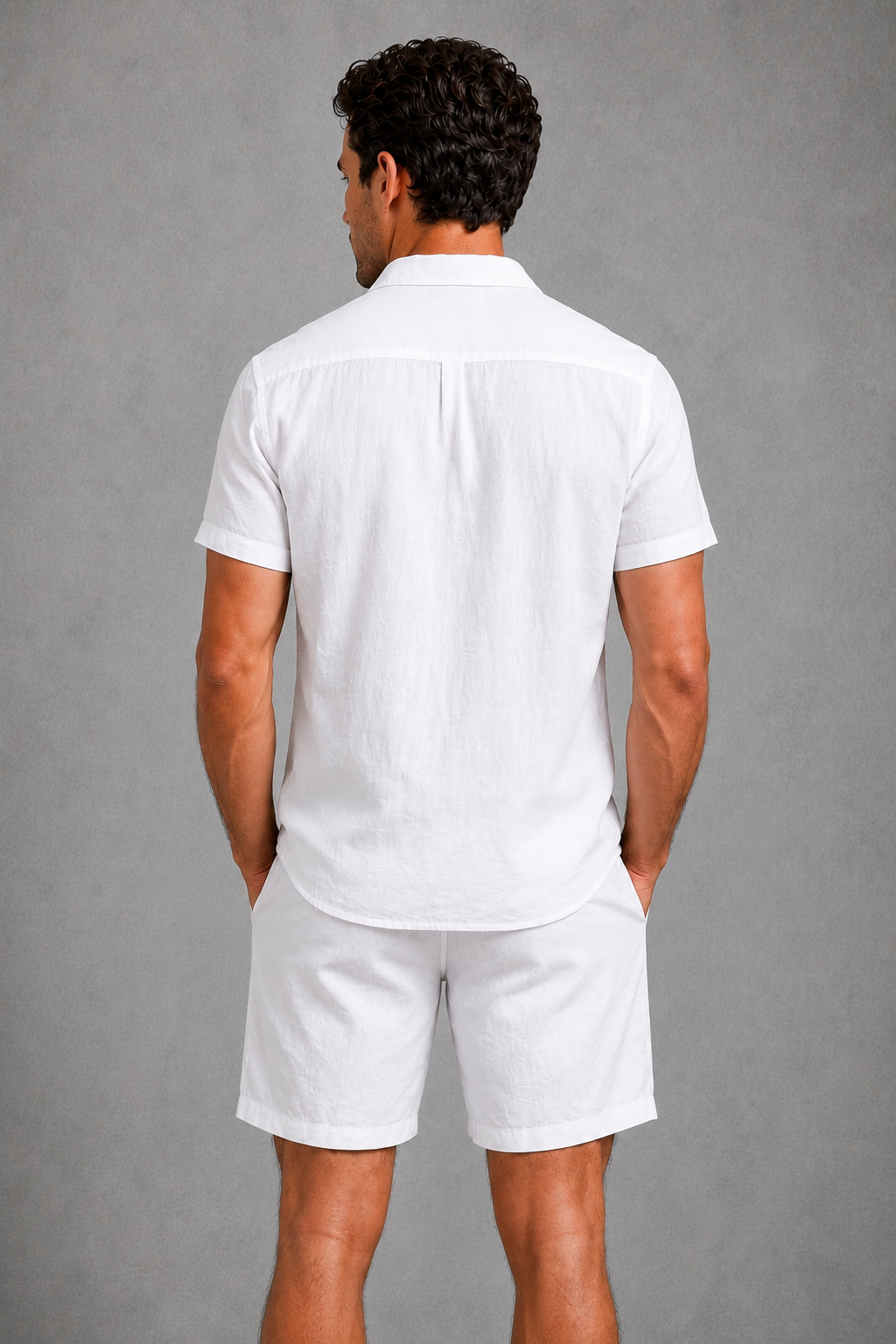 Menโs linen blend short sleeve button-up shirt and tailored shorts co-ord set for casual summer wear