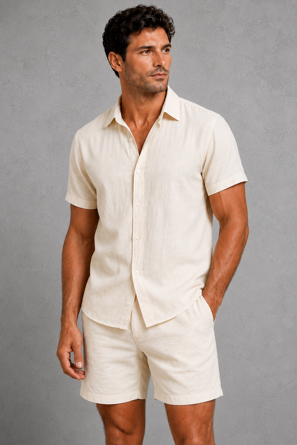 Menโs linen blend short sleeve button-up shirt and tailored shorts co-ord set for casual summer wear