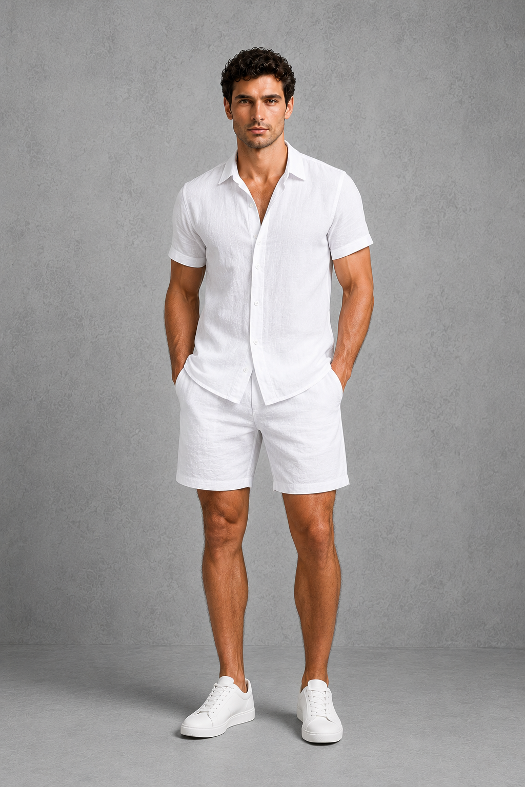 Menโs linen blend short sleeve button-up shirt and tailored shorts co-ord set for casual summer wear