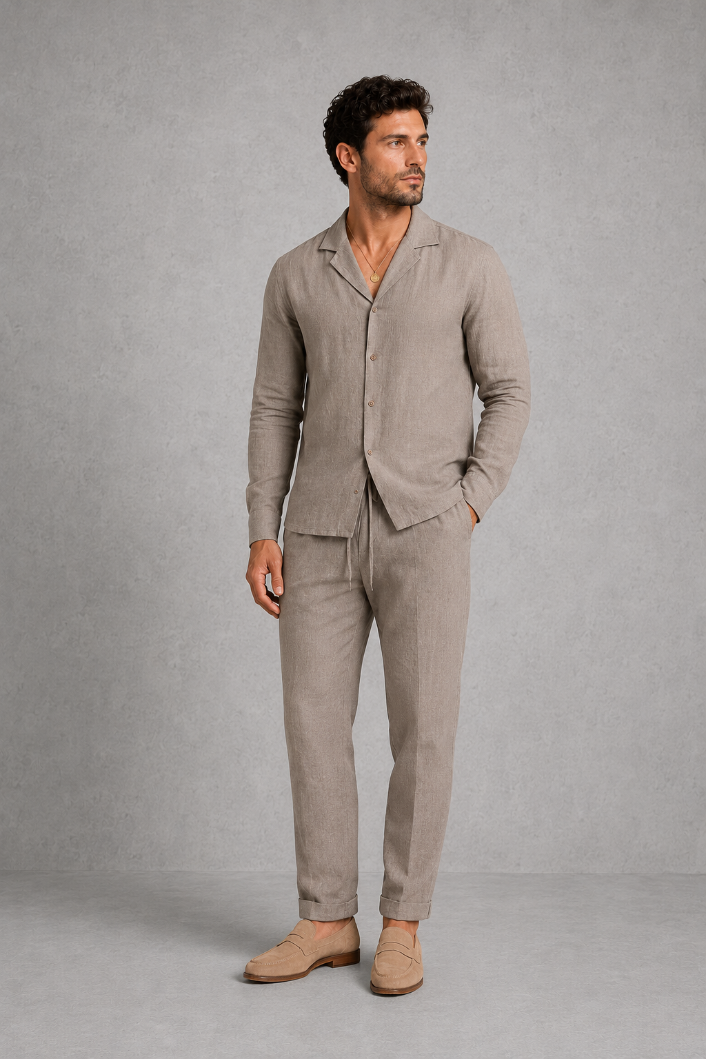 Menโs linen-style co-ord set featuring an open-collar button-up shirt and matching straight-leg trousers for casual summer wear.