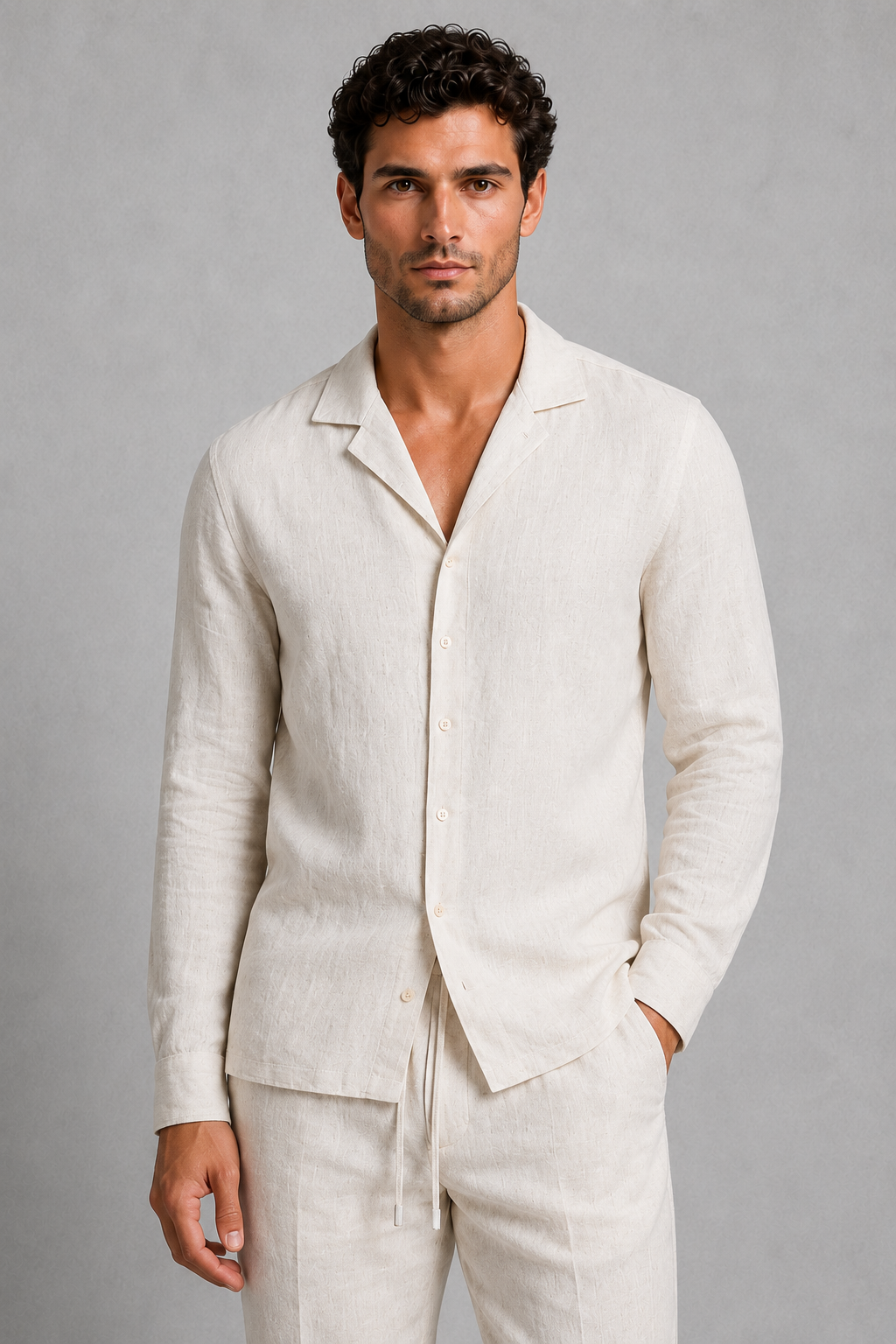 Menโs linen-style co-ord set featuring an open-collar button-up shirt and matching straight-leg trousers for casual summer wear.