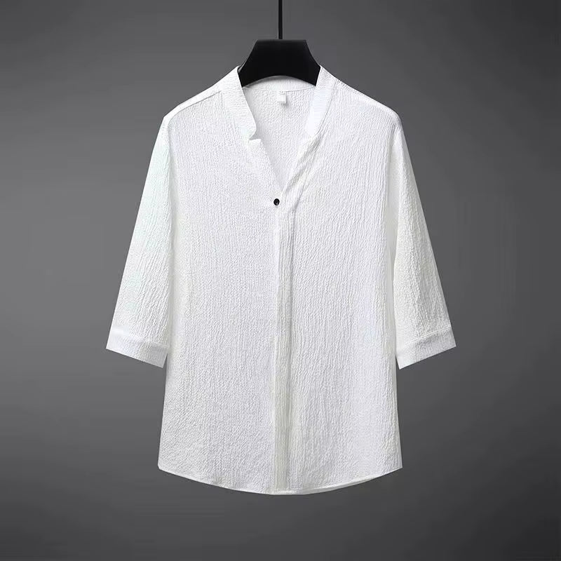 Menโs linen two piece set with V-notch collar shirt and elastic waist trousers for relaxed summer wear