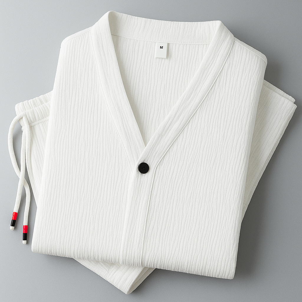 Menโs linen two piece set with V-notch collar shirt and elastic waist trousers for relaxed summer wear