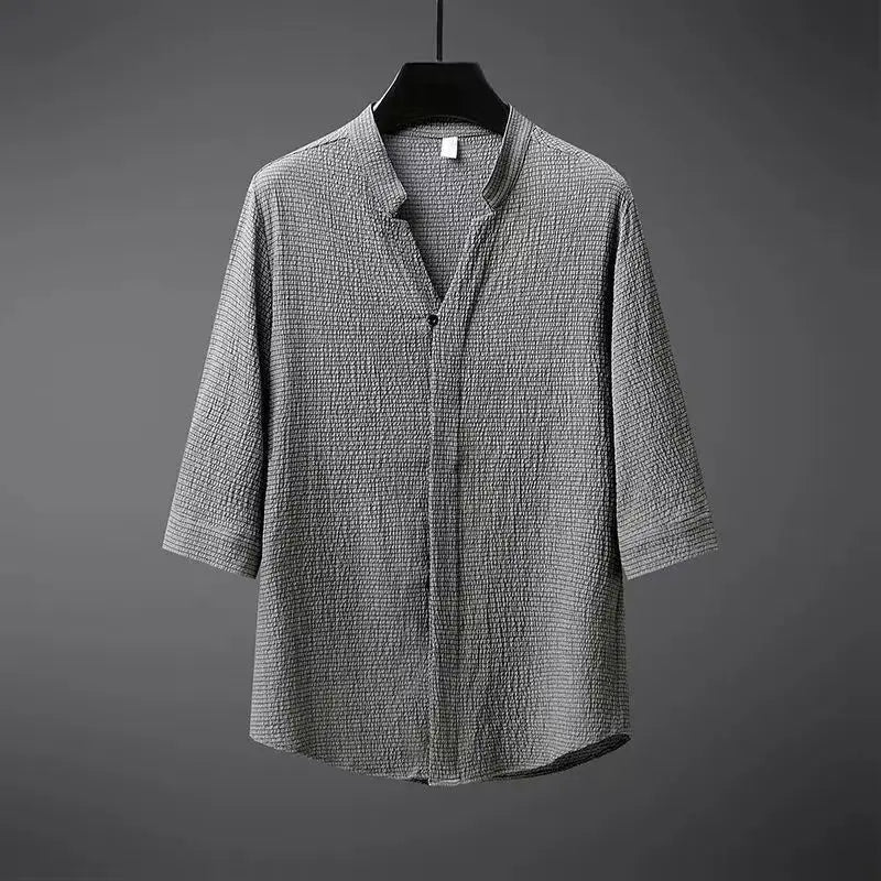 Menโs linen two piece set with V-notch collar shirt and elastic waist trousers for relaxed summer wear