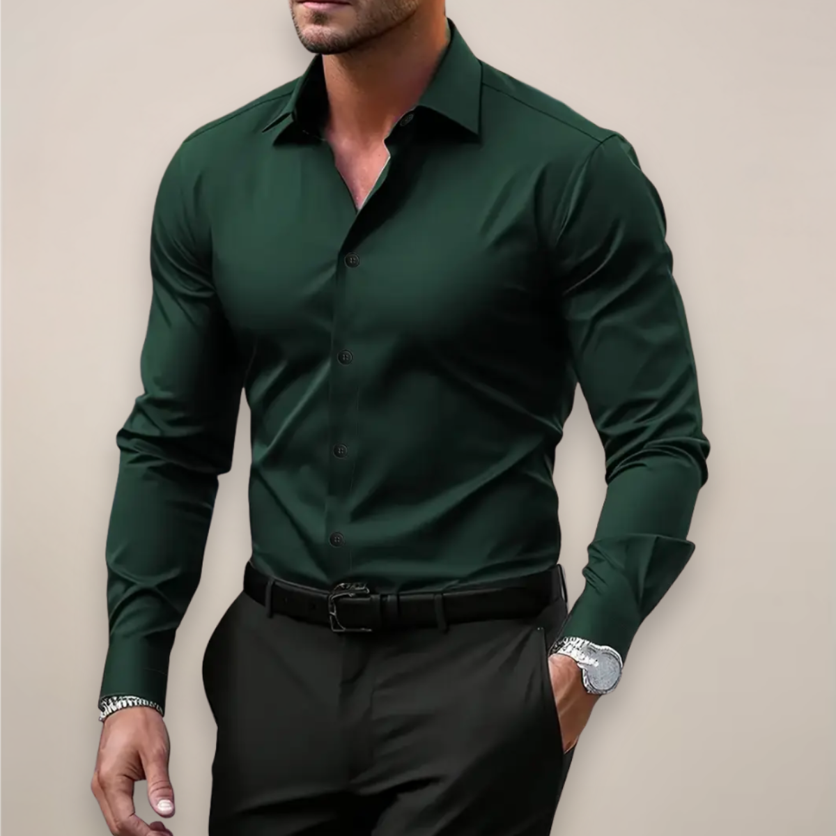 Men's long-sleeve shirt with notched collar and button placket