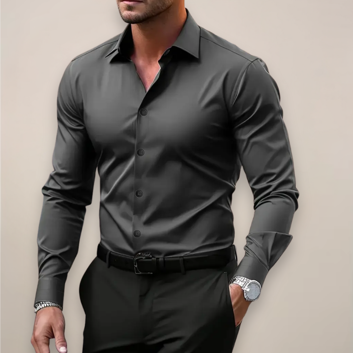 Men's long-sleeve shirt with notched collar and button placket