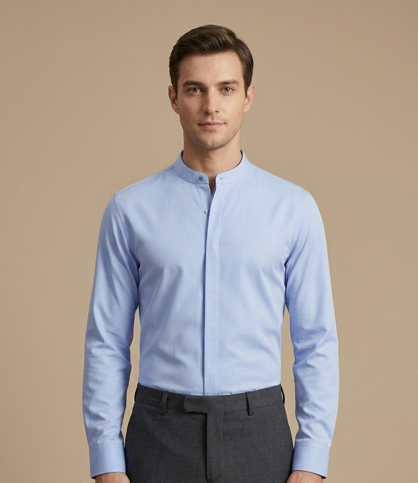 Menโs mandarin collar shirt with hidden placket slim fit and curved hem for smart casual and formal wear