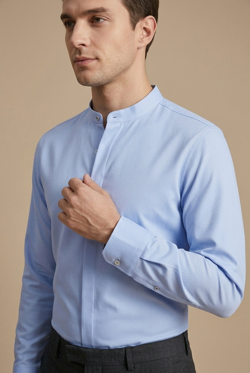 Menโs mandarin collar shirt with hidden placket slim fit and curved hem for smart casual and formal wear