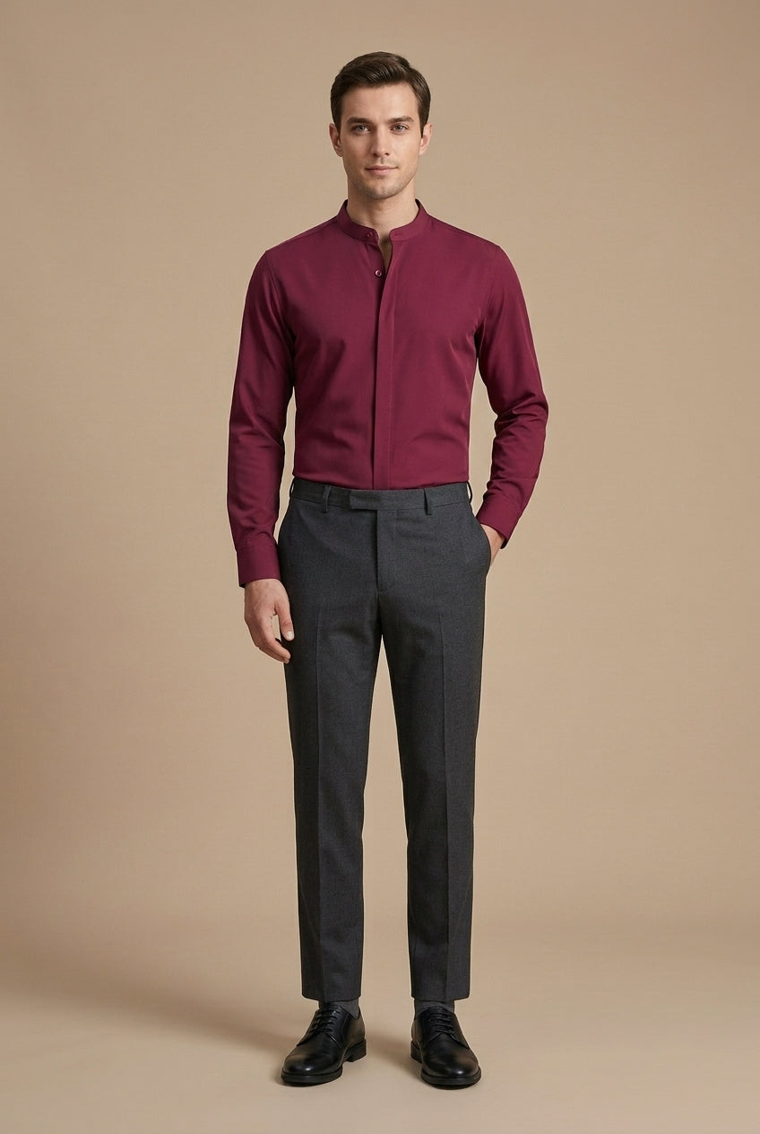 Menโs mandarin collar shirt with hidden placket slim fit and curved hem for smart casual and formal wear