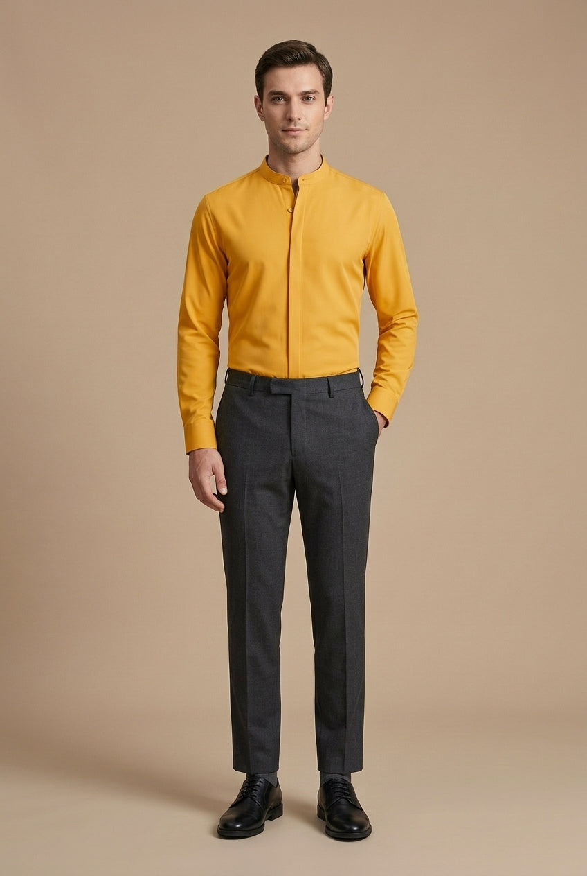 Menโs mandarin collar shirt with hidden placket slim fit and curved hem for smart casual and formal wear