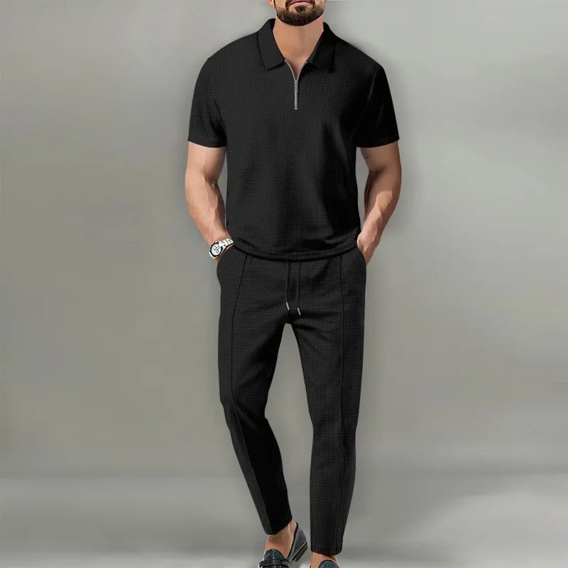 Men’s polyester knit short sleeve shirt and pants set with zipper collar