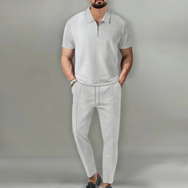 Men’s polyester knit short sleeve shirt and pants set with zipper collar