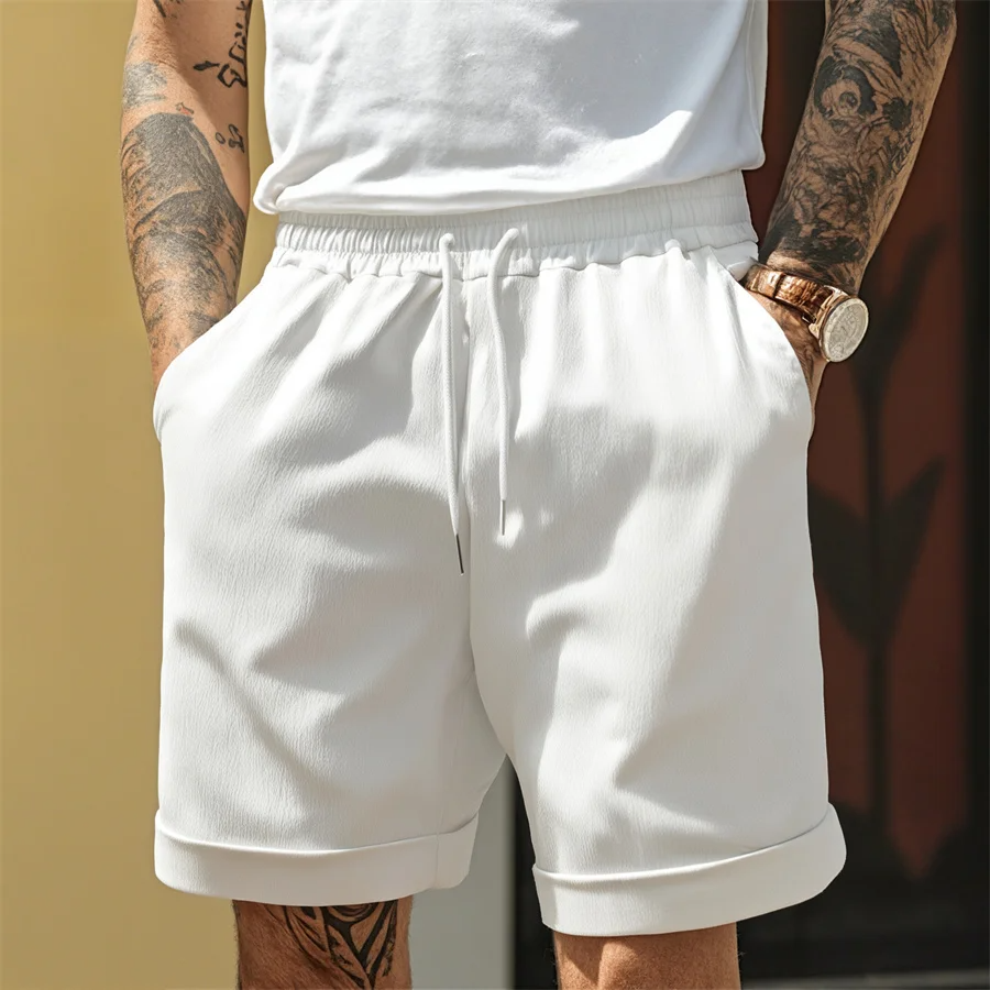 Menโs relaxed elastic waist shorts with drawstring metal tips turn up hem and side pockets for casual summer wear