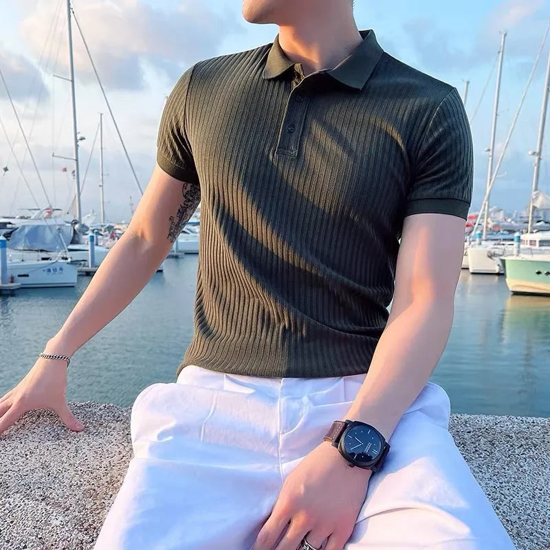 Men slim fit ribbed knit polo shirt with short sleeves and button placket for casual smart wear