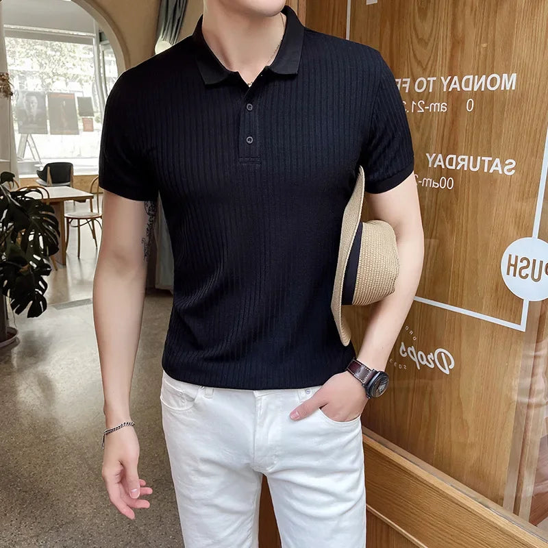 Men slim fit ribbed knit polo shirt with short sleeves and button placket for casual smart wear