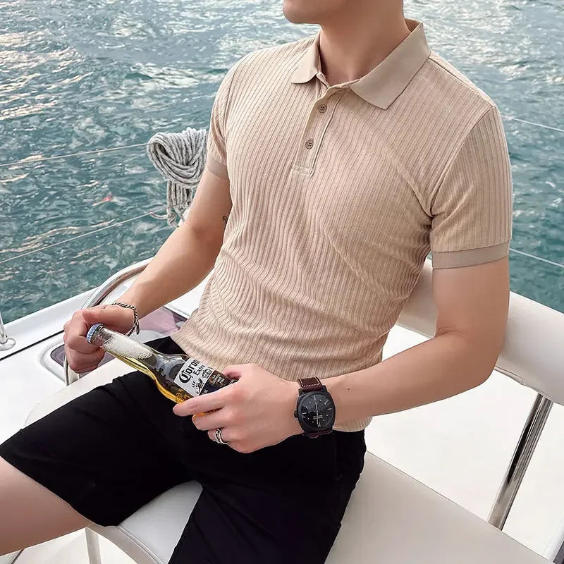 Men slim fit ribbed knit polo shirt with short sleeves and button placket for casual smart wear