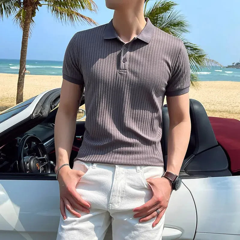 Men slim fit ribbed knit polo shirt with short sleeves and button placket for casual smart wear