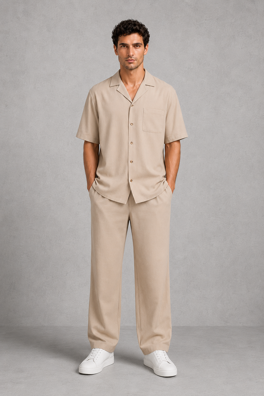 Menโs short sleeve shirt and drawstring trouser co-ord set with a relaxed fit and lightweight breathable fabric for summer casual wear.