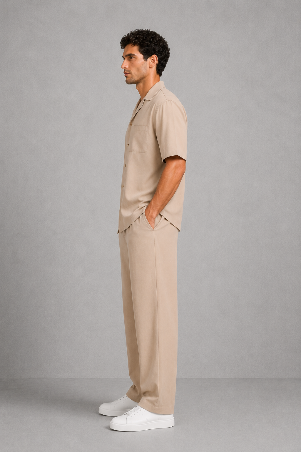 Menโs short sleeve shirt and drawstring trouser co-ord set with a relaxed fit and lightweight breathable fabric for summer casual wear.