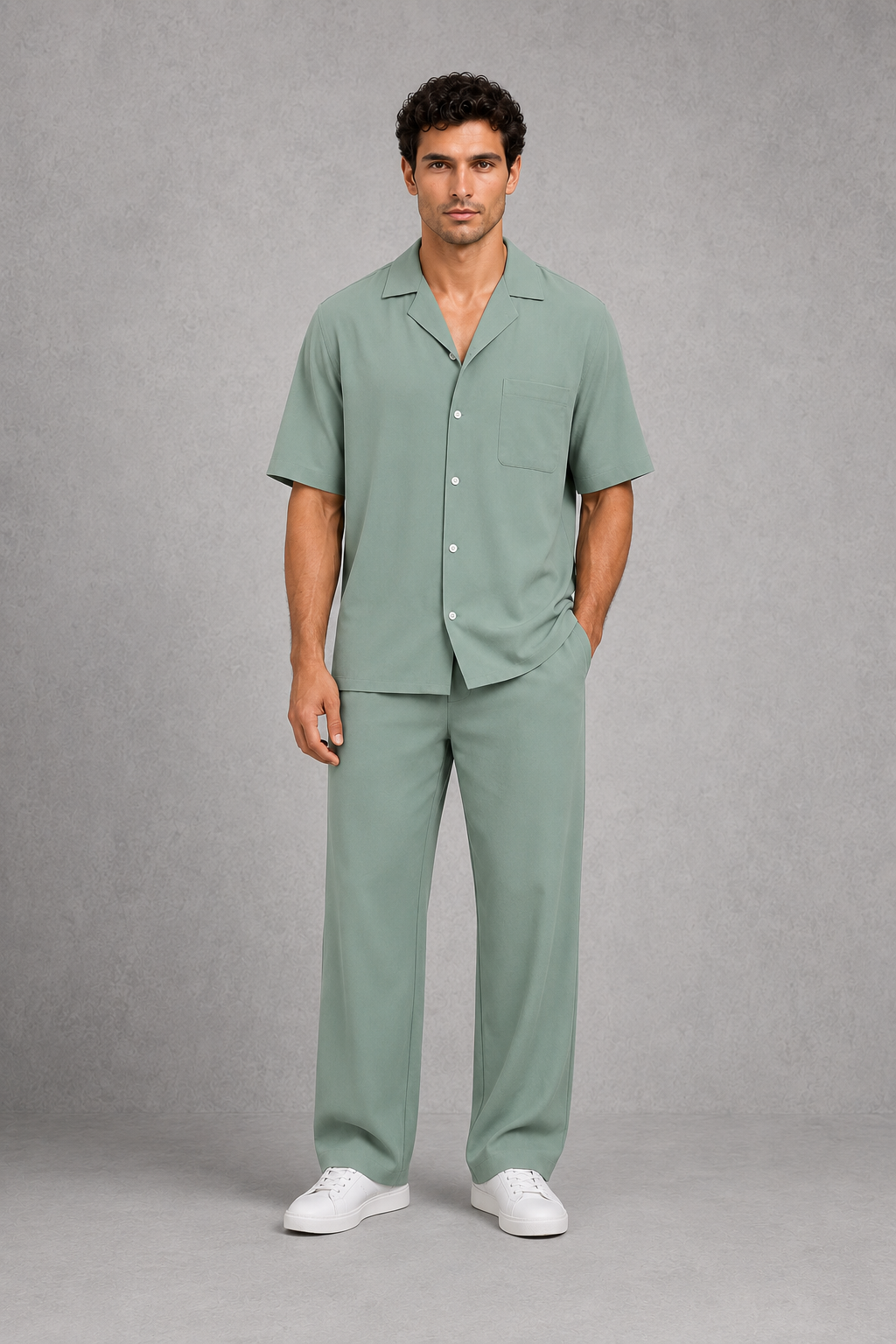 Menโs short sleeve shirt and drawstring trouser co-ord set with a relaxed fit and lightweight breathable fabric for summer casual wear.