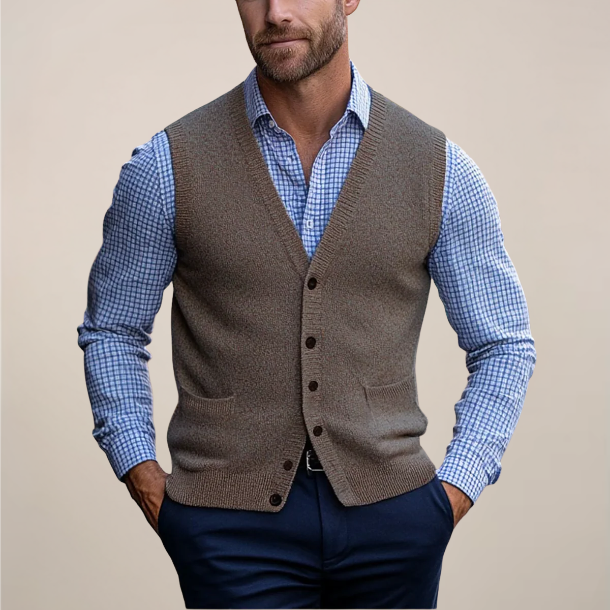 Men's sleeveless vest sweater with ribbed texture detailing