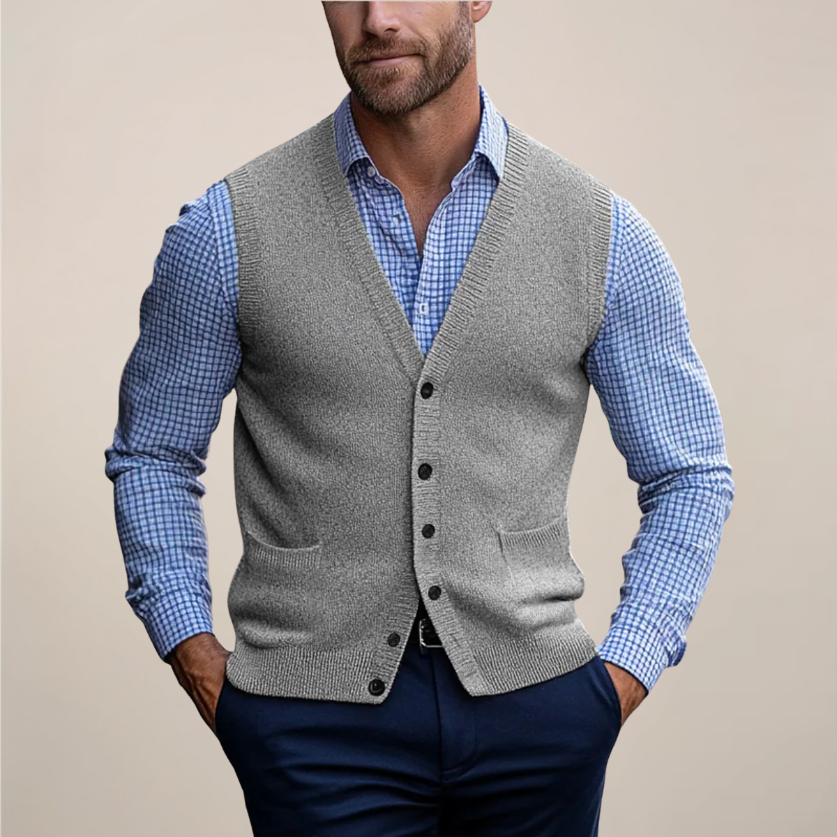 Men's sleeveless vest sweater with ribbed texture detailing
